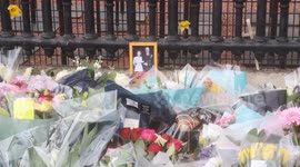 Royal fan leaves touching photo tribute of Prince Philip with Queen Elizabeth II at gates of Buckingham Palace