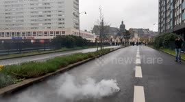 Police use tear gas to disperse remaining protesterd in Rennes, Francse