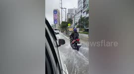 Damaged water pipe causes flooding on roads in Manila, Philippines