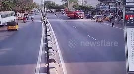 Two-wheeler rams into pedestrian crossing street in southern India