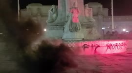 Protesters spray paint and set ablaze Christopher Columbus statue in Washington D.C.