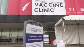 A Toronto Canada COVID 19 vaccine clinic temporarily closes due to lack of vaccine supply as 3rd wave of coronavirus pandemic devastates Ontario's economy and jobs as the hard lockdown continues with no end in sight