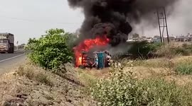 Salt-laden truck catches fire after overturning in central India