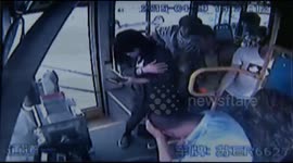 Flying pole pierces China bus to hit driver