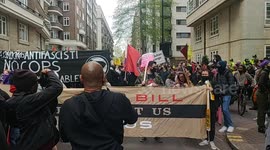 Killthebill Protestors stop on Marshal St, then decide to head back to the red bus