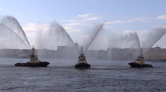 Tug boats perform 'waltz' to open tourist season in St Petersburg in Russia
