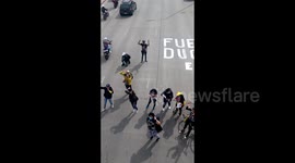 Demonstrators took to the roadway protesting against tax reform in Bogota, Colombia