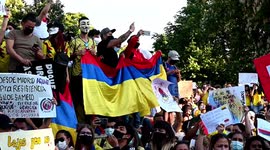 Protest in Madrid showing solidarity with Colombians in anti-government demonstration