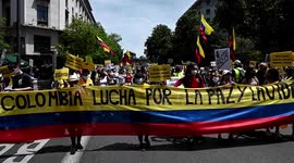 Thousands of Colombians protest against President Ivan Duque in Madrid, Spain.