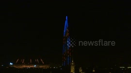 The Gerogiev ribbon is highlighted for the Victory Day on the Lakhta city tower in St Petersburg, Russia