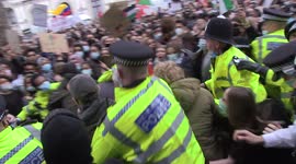 Palestine supporter leaps onto pro-Israel counter-protesters during clashes with police in London