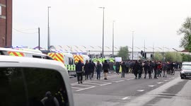 Police line forms as horses come under attack at the Manchester united fans Glazers out protest - Old Trafford
