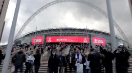 Leicester City fans celebrating their teams FA Cup Final victory against Chelsea at Wembley Stadium, 15th May 2021