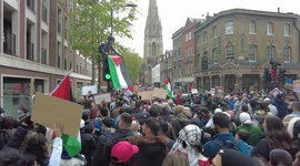 Protester hoists Palestine flag on top of a traffic lights during Free Palestine march in London