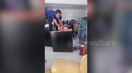 Frantic workers use mop to catch snake inside office