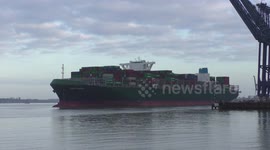 366 metre ultra large container ship Tampa Triumph arrives alongside ar Felixstowe, 22 March 2021