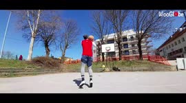 Slovenian man performs insane trick shots with football and basketball hoop