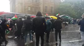 Palestine supporters take shelter under giant flag as rainstorm soaks protesters