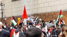 Palestine supporters burn flag of Israel outside embassy in London