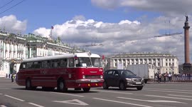 Retro buses from USSR went out of street on St Petersburg for the Second International Transport Festival in St Petersburg, Russia.