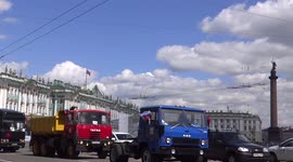 Retro Soviet Union trucks went out of street on St Petersburg for the Second International Transport Festival in St Petersburg, Russia.