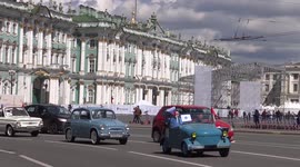 Line of ZAZ cars went out of street on St Petersburg for the Second International Transport Festival in St Petersburg, Russia.