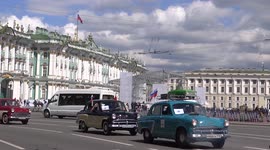 Line of Muscovite cars went out of street on St Petersburg for the Second International Transport Festival in St Petersburg, Russia.