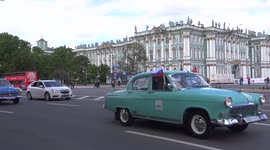 Line of Volga cars went out of street on St Petersburg for the Second International Transport Festival in St Petersburg, Russia.