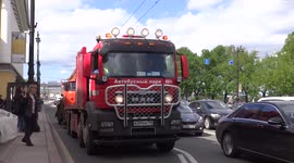 Trucks for Bus Emergency service went out of street on St Petersburg for the Second International Transport Festival in St Petersburg, Russia.