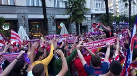 Atlético de Madrid fans celebrate in Neptuno square the Spanish first division soccer championship.
