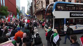 Bus Forces It's Way Through The Crowd At The Free Palestine Protest In Manchester