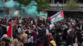 Flare At Free Palestine Protest In Manchester Piccadilly Gardens