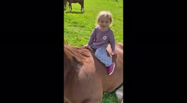 Little girl sits and plays on the lying horse