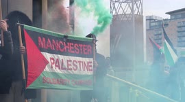 Flares at the free Palestine protest at BBC studio's & march around Media City, Manchester