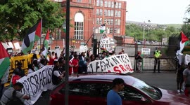 Speech's in front of the Elbit systems factory by free Palestine protesters. In Oldham, Greater Manchester