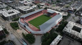 Aerial view of BBVA Stadium and downtown skyline in Houston, Texas