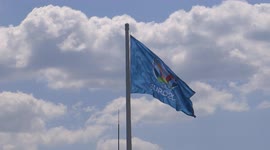 Giant flag UEFA EURO 2020 is set at Gazprom Arena in St Petersburg, Russia