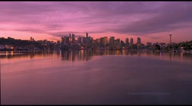 Over Seattle Lake Union Sunrise Water Downtown Reflection Tranquility Drone Video 4K