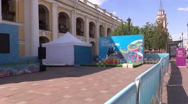 Fan zone at Gostiniy Dvor department store is set up for Football Championship UEFA Euro 2020 in St Petersburg, Russia