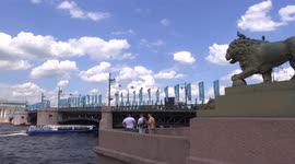 The Palace Bridge is decorated with UEFA EURO 2020 flags, St Petersburg, Russia