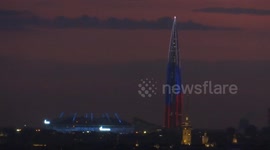 Lakhta City Tower lit up tricolour as Russia celebrates its National Day, St Petersburg, Russia