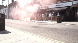 England fans at Brentwood England v Croatia Football fans_ at Brentwood high street, smoke flare