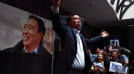 NYC Mayoral Race: Andrew Yang addresses cheering supporters at get-out-the-vote rally (close-up video)