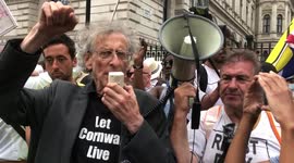 Piers Corbyn informs angry anti-lockdown protesters outside Downing Street that PM has delayed lockdown easing