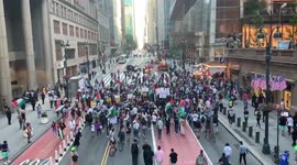 ‘Free Palestine’ protest takes place in Manhattan following inauguration of  new coalition government
