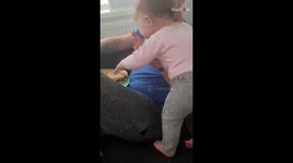 Baby is determined to get her hands on her dad's breakfast