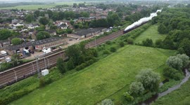 Aerial view of Flying Scotsman steaming through Bedfordshire, UK