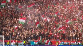 Hungarian fans celebrating the goal of their national team against France