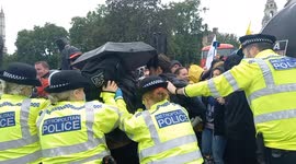 Police officers shove anti-lockdown protesters away from road during London rally