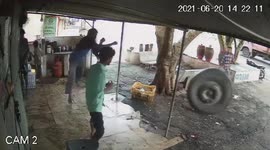 Lucky escape for staff of roadside cafe when HUGE tyre comes loose from passing truck